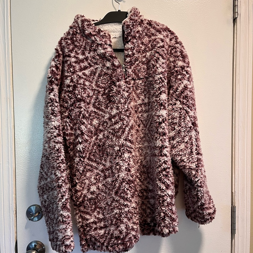 Peach Love California Fuzzy Pullover in Burgundy and White